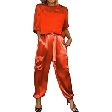 Imagem de Conjunto De Top E Calça De Meia Manga De Cetim Liso Para Mulheres Conjuntos De Jogger Para Mulheres Verão Casual Cetim 2 Peças Roupa, Red, XL