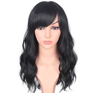 Imagem de Perucas pretas onduladas médias longas para mulheres, cabelo sintético inteiro, perucas pretas naturais com franja lateral para uso diário 40,64 cm (preto natural (1#))