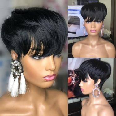 Imagem de PurpleSexy Peruca curta com corte Pixie, cabelo humano, chique, elegante, sem cola, curto em camadas, corte Pixie para mulheres negras com franja, cor preta natural, virgem brasileiro, liso, perucas