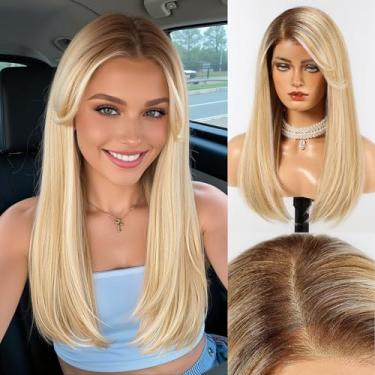 Imagem de HAIRCUBE Peruca frontal de renda transparente HD 33 x 15 cm, peruca longa e reta sintética sem cola com linha do cabelo de densidade natural e boné ajustável