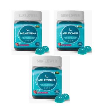 Imagem de Kit 3 Melatonina Gummy 3x60 Gomas 0,21mg Sabor Frutas Vermelhas Sunflo