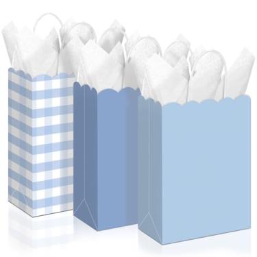 Imagem de Kolldenn 24 peças de sacolas de presente de guingão azul com alças de papel kraft xadrez xadrez doces lembrancinhas de festa para chá de bebê, aniversário, decoração de casamento