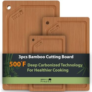 Imagem de Prep EZ Tábuas de corte resistentes para cozinha – (pacote com 3) conjunto de tábuas de corte de madeira – conjunto de tábuas de corte de bambu com sulcos profundos de suco – ideal para cortar carne