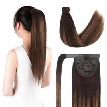 Imagem de Rabo de cavalo de cabelo humano de 35,5 cm, comprimento de 80 g, rabo de cavalo, balayage, marrom chocolate a loiro caramelo, extensão de rabo de cavalo para mulheres (35,5 cm, marrom chocolate