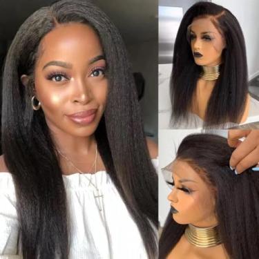 Imagem de Perucas de cabelo humano liso Kinky HD 33 x 15 parte profunda peruca frontal de renda 4C bordas cabelo humano brasileiro Remy densidade 200% pré-arrancado com cabelo cacheado bebê afro yaki peruca de