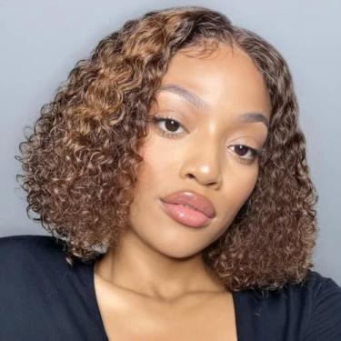 Imagem de Peruca de cabelo humano Ombre Bob Highlight 4/27 onda profunda perucas de cabelo humano 200% densidade 13x4 HD perucas de cabelo humano pré-arrancadas perucas para mulheres 25 cm