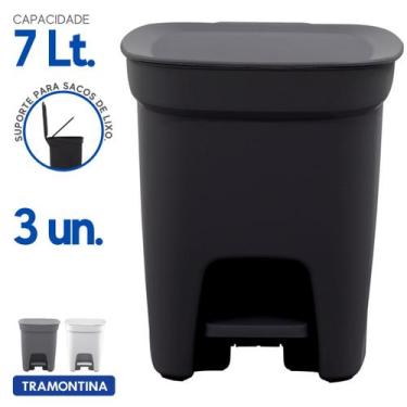 Imagem de 3 Lixeiras Tramontina Cozinha Escritório c/ Porta Sacos 7 Lt, Preto
