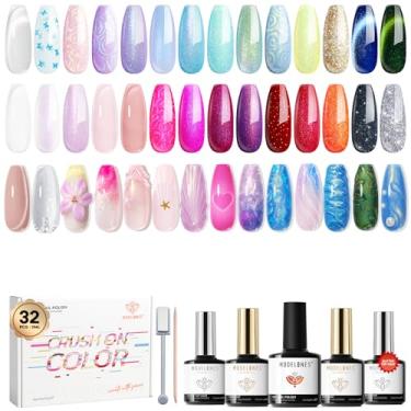 Imagem de modelones Conjunto de 32 esmaltes de gel de verão, 28 cores com glitter, olho de gato, pérola, camaleão, esmalte de gel com ímã, camada de base sem pano, glitter e brilhante e fosco kit de arte de