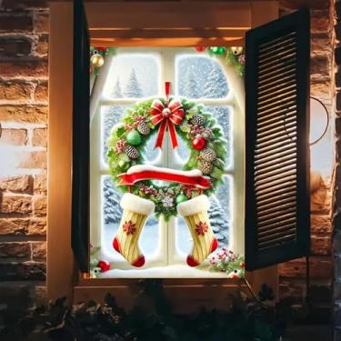 Imagem de BlissYard Capa de janela de Natal, 78 x 129 cm, faixa de janela de fim de ano, grinalda de pinheiro, meias, cena de neve, decoração de inverno, sazonal, interior, exterior, festa, festiva, pendurada