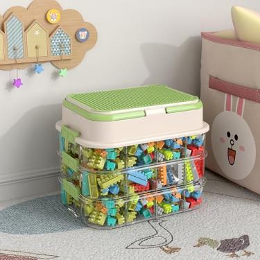 Imagem de Caixas organizadoras de brinquedos para Lego empilháveis organizadores de brinquedos Lego para armazenamento de blocos de montar (verde, 3 camadas)