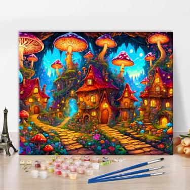 Imagem de Rebotipy Pintura colorida de cogumelo por número para adultos, pintura de desenho com pincéis em tela, fantasia, cabine de cogumelo, faça você mesmo, kits de pintura por números, artesanato 40 x 50 cm