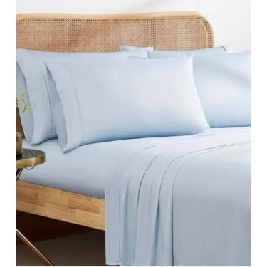 Imagem de Oeko-Tex Conjunto de lençóis Queen 100% raiom de bambu, 6 peças essenciais em camadas, azul