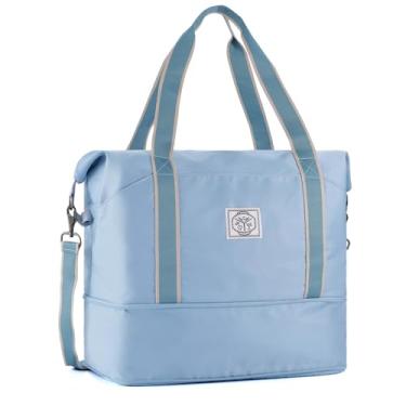 Imagem de WALNEW Bolsa esportiva de viagem, bolsa de mão feminina masculina e dobrável, impermeável, com alça de fivela de metal, Azul claro, Bolsa esportiva de viagem à prova d'água