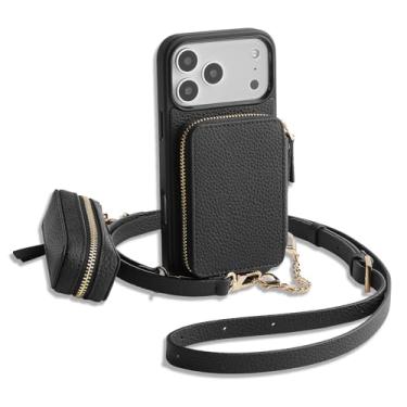 Imagem de ZVE Capa carteira para iPhone Pro para MagSafe, porta-cartões destacável com bolsa para batom de 15 cm, preta