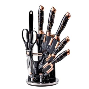 Imagem de Conjunto de Facas Profissionais com Cabo em Mármore, 9 Peças com Suporte, Lâminas em Aço Inox