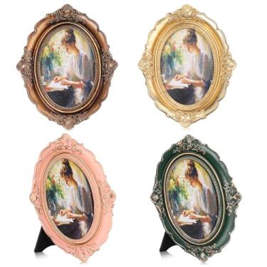 Imagem de Kathfly Conjunto de 4 porta-retratos vintage pequeno, 12 x 20,3 cm, moldura oval antiga ornamentada com flor dourada em relevo, decoração de parede retrô para decoração de casa, para exibição de fotos