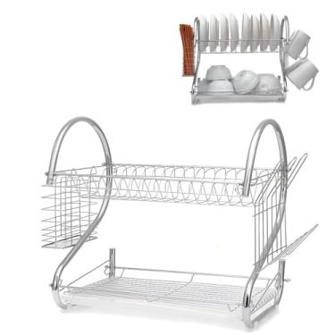 Imagem de Escorredor de Louças 2 Andares em Aço Cromado – Com Porta-Copos, Porta-Talheres e Bandeja Coletora, Compacto, Resistente e Fácil de Limpar