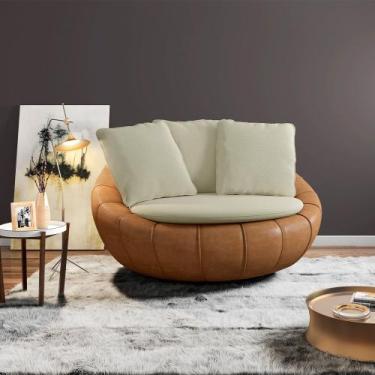 Imagem de Poltrona Giratória Sala de Estar com Almofadas Afrodite Bege Caramelo 