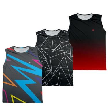 Imagem de Kit 3 Camiseta Regata Masculina Fitness Pro Dry Estampada Proteção UV 