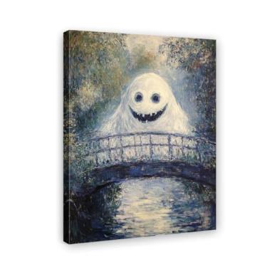 Imagem de Arte em tela de Halloween - Fantasmas fofos em pé na ponte japonesa estilo Monet, impressão em tela emoldurada para galeria para decoração de parede (vários tamanhos, emoldurado/sem moldura) (arte 2,9