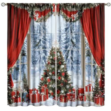 Imagem de Cortinas de Natal para sala de estar, presentes de árvore de Natal, Feliz Natal, abeto, galhos, bola, ano novo, estampa de festa de fim de ano, estampa de quarto, sala de estar, varão, bolso, cortinas