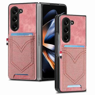 Imagem de Capas de telefone para Samsung Galaxy Z Fold 5 Retro Denim Pattern PU Card Holder Magnetic Car Back Cover para Galaxy Z Fold 4 Fold5 5G,Rosa,para Galaxy Z Fold 5