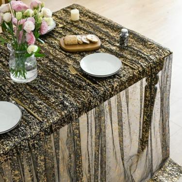 Imagem de Horaldaily Toalha de mesa de gaze dourada preta quadrada de 152 x 152 cm, folha metálica com glitter de lantejoulas douradas, gaze de chiffon transparente para casamento, chá de bebê, cerimônia de