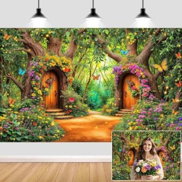 Imagem de Pano de fundo de floresta encantada, conto de fadas, jardim verde, país das maravilhas casa de árvore floral, fundo de borboleta para crianças, meninas, chá de bebê, decoração de festa de aniversário