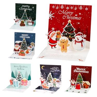 Imagem de 6 peças de cartões pop-up 3D pequenos de Natal com adesivos de envelopes - 3D lindos cartões comemorativos de Natal Papai Noel boneco de neve rena árvore de Natal conjunto a granel para família
