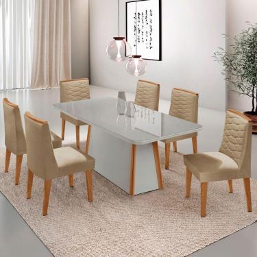 Imagem de Mesa De Jantar Diane 180cm Mdf Vidro Com 6 Cadeiras Moderna Turim 07 Naturale Serigrafia Off White