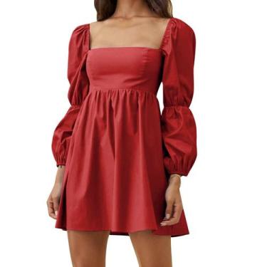 Imagem de Vestido feminino EXLURA 2024, casual, manga comprida, evasê, vermelho