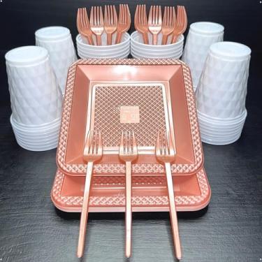 Imagem de Conjunto de luxo descartável para festas de aniversário com 260 peças Pratos quadrados de plástico colorido com efeito perolado Cores doces (Branco Rose Perolado)