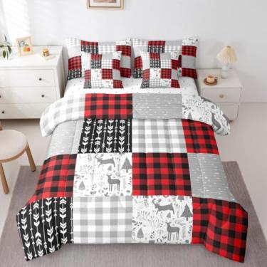 Imagem de Erosebridal Jogo de edredom queen xadrez búfalo, tema florestal, 7 peças, veado, raposa, coelho, vida selvagem, animais de fazenda, zoológico, lençol e fronhas, acampamento, geométrico, listras e