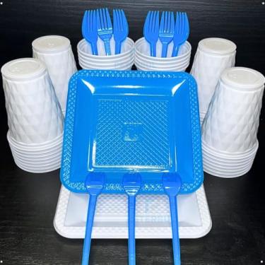 Imagem de Conjunto de luxo descartável para festas de aniversário com 260 peças Pratos quadrados de plástico colorido com efeito perolado Cores doces (Branco Azul Bebe)