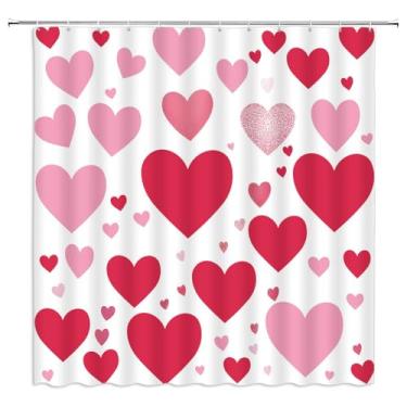 Imagem de Fsfusvk Cortina de chuveiro vermelha rosa amor coração doce casal mulheres romântico bonito feminino moderno criativo feriado casamento tecido poliéster conjuntos de cortinas de banheiro ganchos 170 x