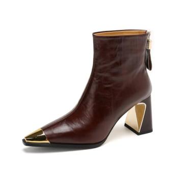 Imagem de TinaCus Bota feminina de couro legítimo de cano curto feita à mão com zíper nas costas, Marrom, 41