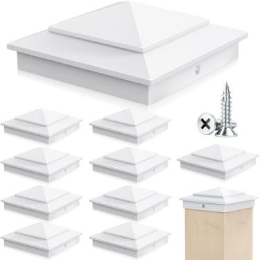 Imagem de Toscoco Tampas de poste pirâmide brancas de alumínio 4x4 para postes de madeira reais de 8,9 cm x 9 cm, tampas de postes de cerca resistentes para caixa de correio de deck de cerca de cedro - à prova