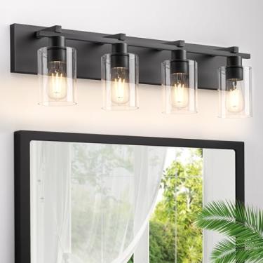 Imagem de Espird Luminária para banheiro, 4 luminárias pretas foscas com persiana de vidro transparente espessa, arandela de parede moderna de 76 cm, banheiro de fazenda luminária sobre espelho para banheiro