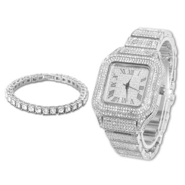 Imagem de Halukakah Diamonds Gold Watch Iced Out, pulseira masculina de quartzo banhado a ouro real 18 quilates, mostrador quadrado de 24 cm, com opções de conjunto de pulseira de colar de corrente de tênis