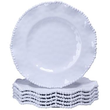 Imagem de ZAROCRUS Pratos de jantar de melamina com contas brancas, conjunto de pratos de jantar com 6 peças, pratos inquebráveis para uso interno e externo, conjunto de 6 pratos leves para trailers