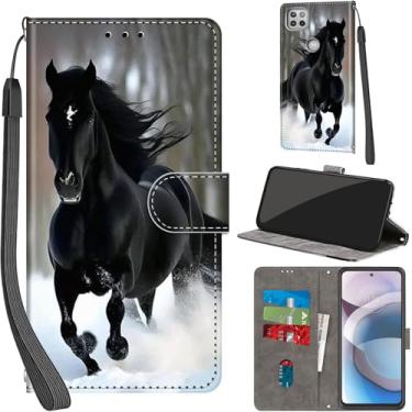 Imagem de Capa carteira para Motorola Moto One 5G Ace/One 5G UW ace, com [3 compartimentos para cartões], fecho magnético com suporte, capa protetora de couro PU à prova de choque 17 cm, neve e cavalos
