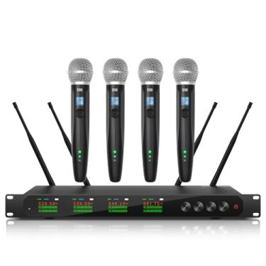 Imagem de XTUGA Sistema de microfone sem fio Quad Channel sem fio com frequências UHF 4 x 50, emparelhamento automático, alcance de 1,8 m, verdadeira diversidade, metal sem fio, portátil para igreja, karaokê