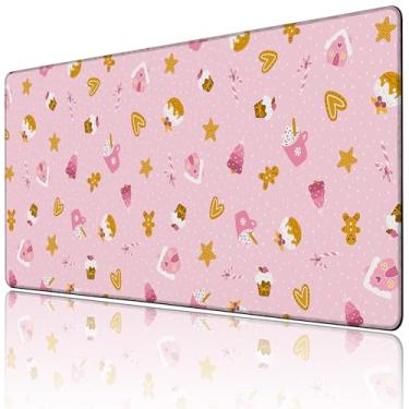 Imagem de Tapete de mouse grande para jogos de Natal, tapete de mesa de Natal rosa fofo para teclado e mouse, base de borracha antiderrapante, bordas com costura dupla, almofada de mesa para computador, laptop