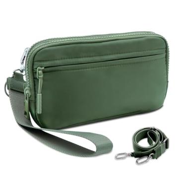 Imagem de JueiXeoy Carteira de pulso feminina quadriculada pequena bolsa transversal bolsa acolchoada de nylon porta-cartão de crédito com 4 zíperes, Verde, One Size