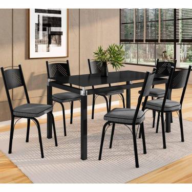 Imagem de Conjunto Mesa De Jantar Com 6 Cadeiras 151 Malva Tampo Vidro 140cm Sf Preto Assento Platina - Combo Stock