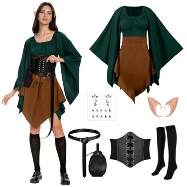 Imagem de 7 peças de fantasia de elfo renascentista tradicional vestido irlandês fantasia de fada para cosplay de Halloween (verde e marrom, M)