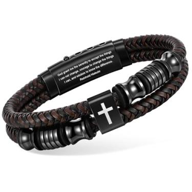 Imagem de Pulseira masculina de couro marrom cristão – Pulseira de cruz de fé de couro trançado de fileira dupla, batismo religioso, versículo bíblico inspirador, joia presente para homens jovens, adolescentes
