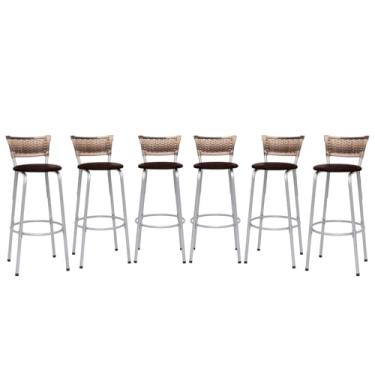 Imagem de Banqueta Altas Junco Cappuccino Estrutura Prata 70cm Para Balcão Cozinha, Bar, Bistrô, Americano Kit 06 Unidades - Itagold (Marrom Claro)