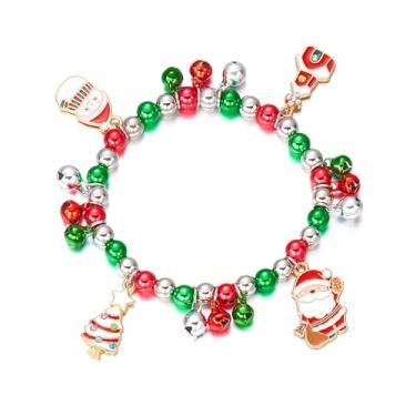 Imagem de Pulseira elástica de Natal Papai Noel com contas esmaltadas árvore de Natal boneco de neve meia sino prata vermelho verde contas lindas ornamentos empilhados pulseiras festivas de férias para mulheres