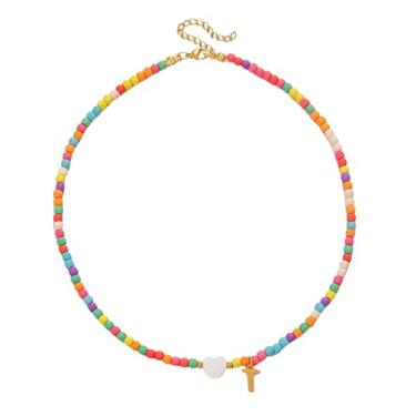 Imagem de Gargantilha feminina com contas de ouro 18 quilates - pingente de letra colorida de aço inoxidável impermeável - joia com pingente de alfabeto personalizado - Presente personalizado delicado para